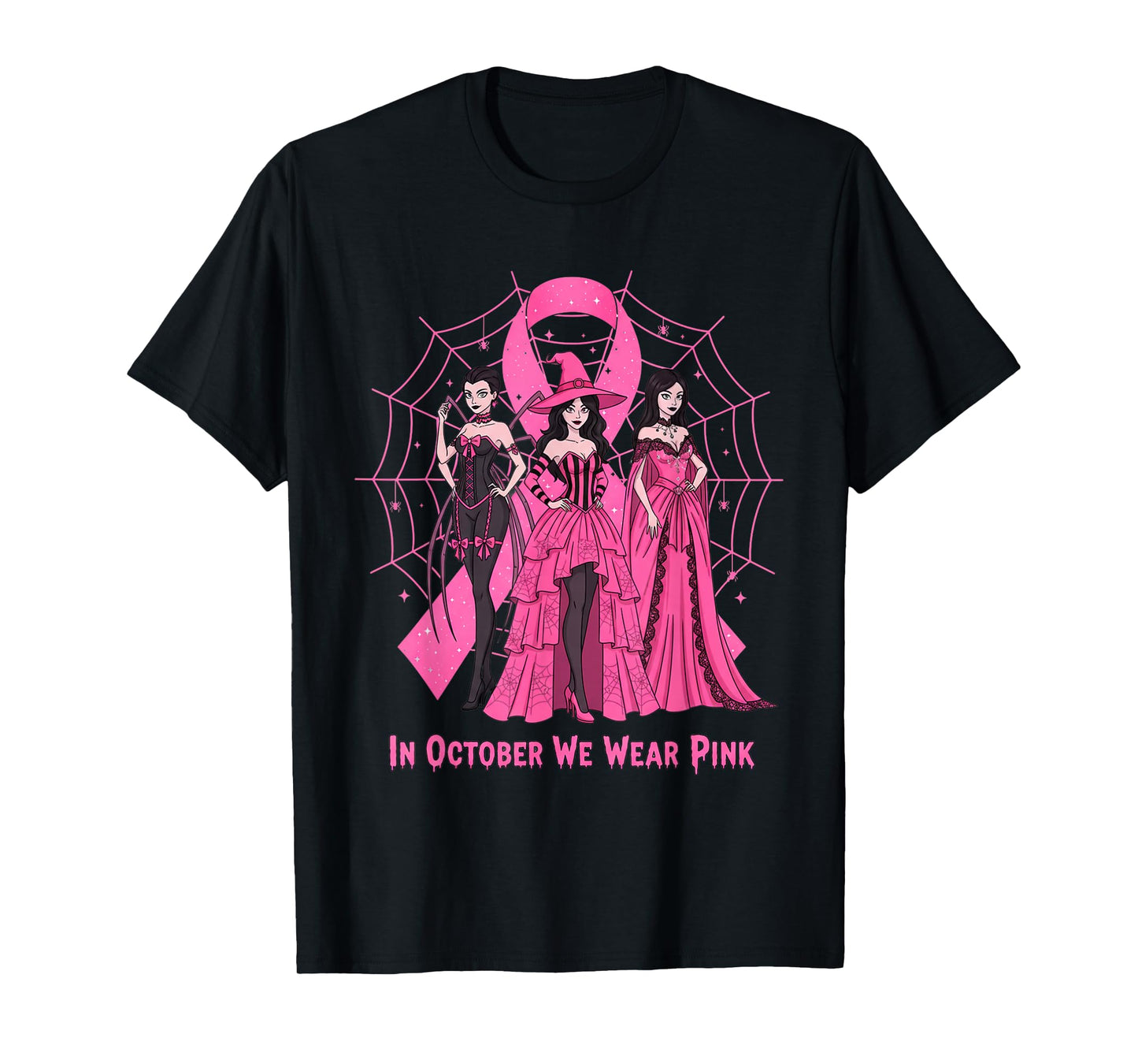 October We Wear Pink Spider Witch Halloween Breast Cancer T-Shirt