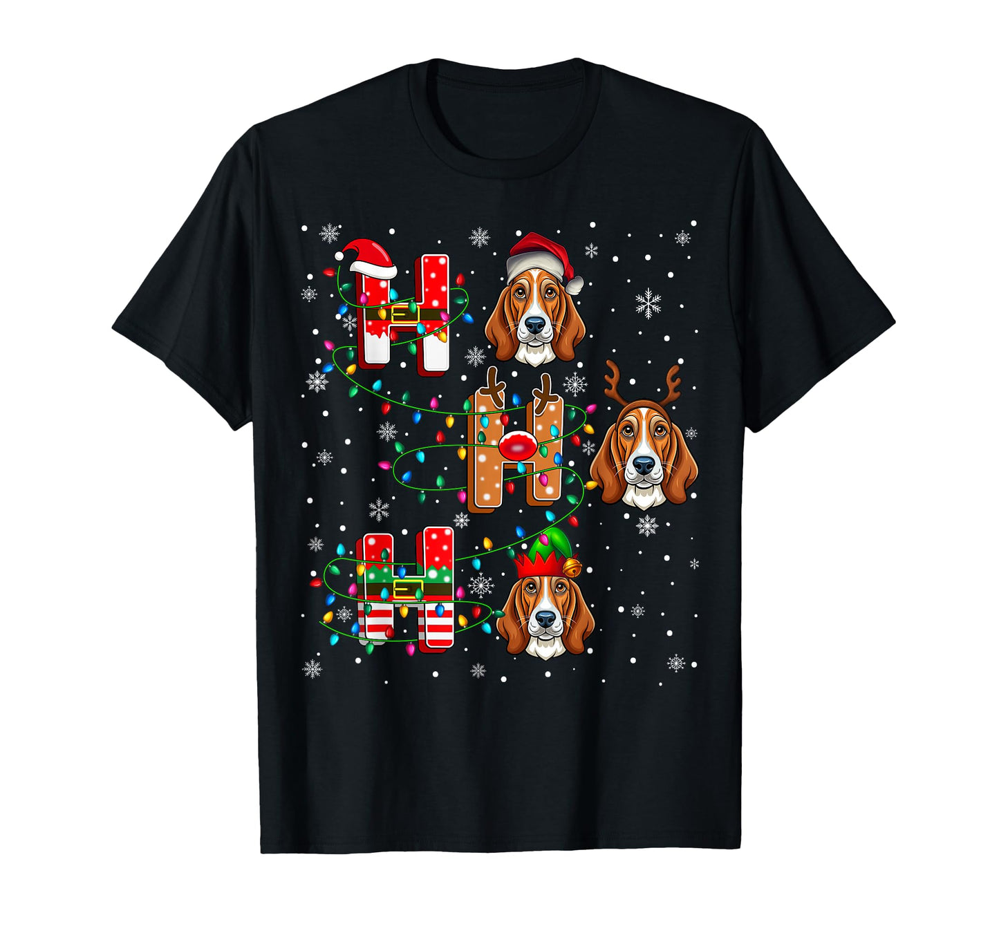 Ho Ho Santa Reindeer Hat Elf Matching Basset Hound Dog Xmas T-Shirt