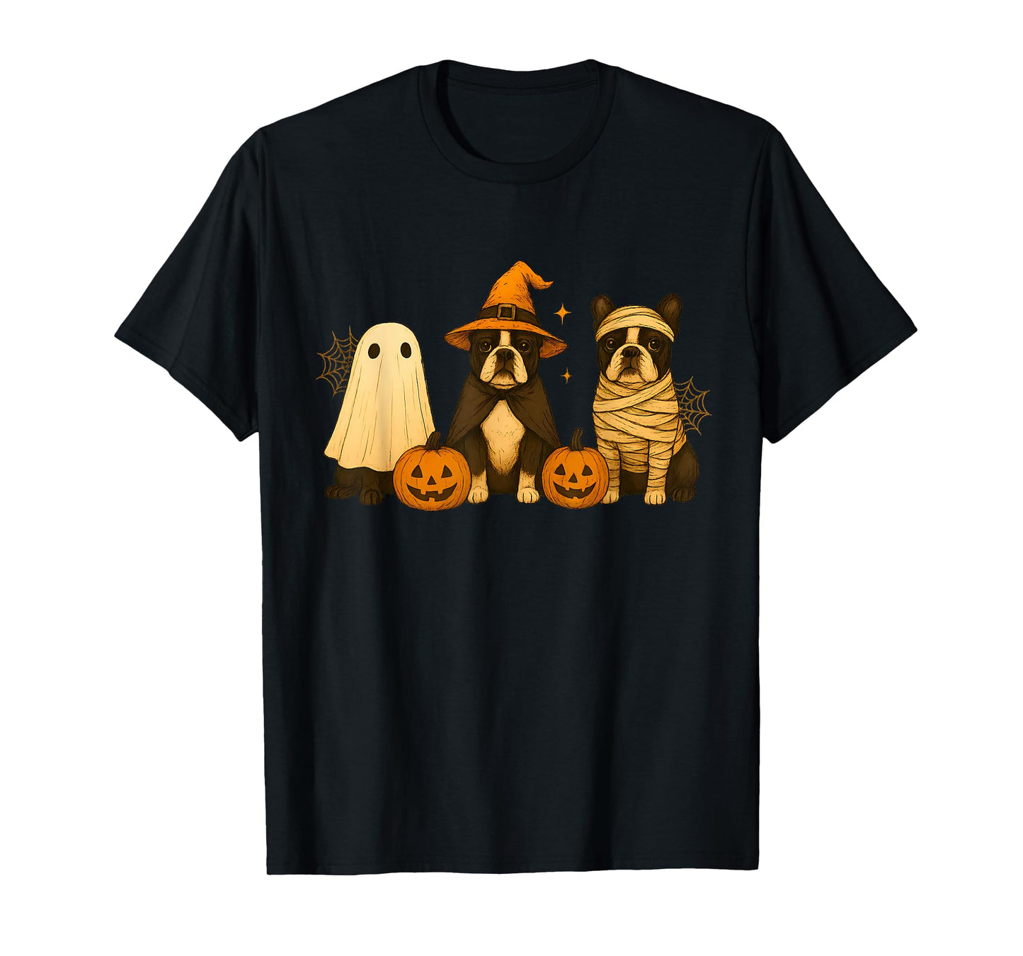 Retro Boston Terrier Witch Scary Halloween Pumpkin Women Men T-Shirt