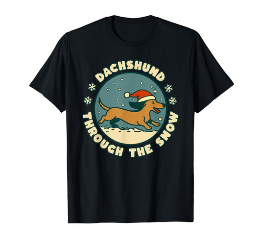 Dachshund Dog Through The Snow Funny Christmas Doxie Dog T-Shirt