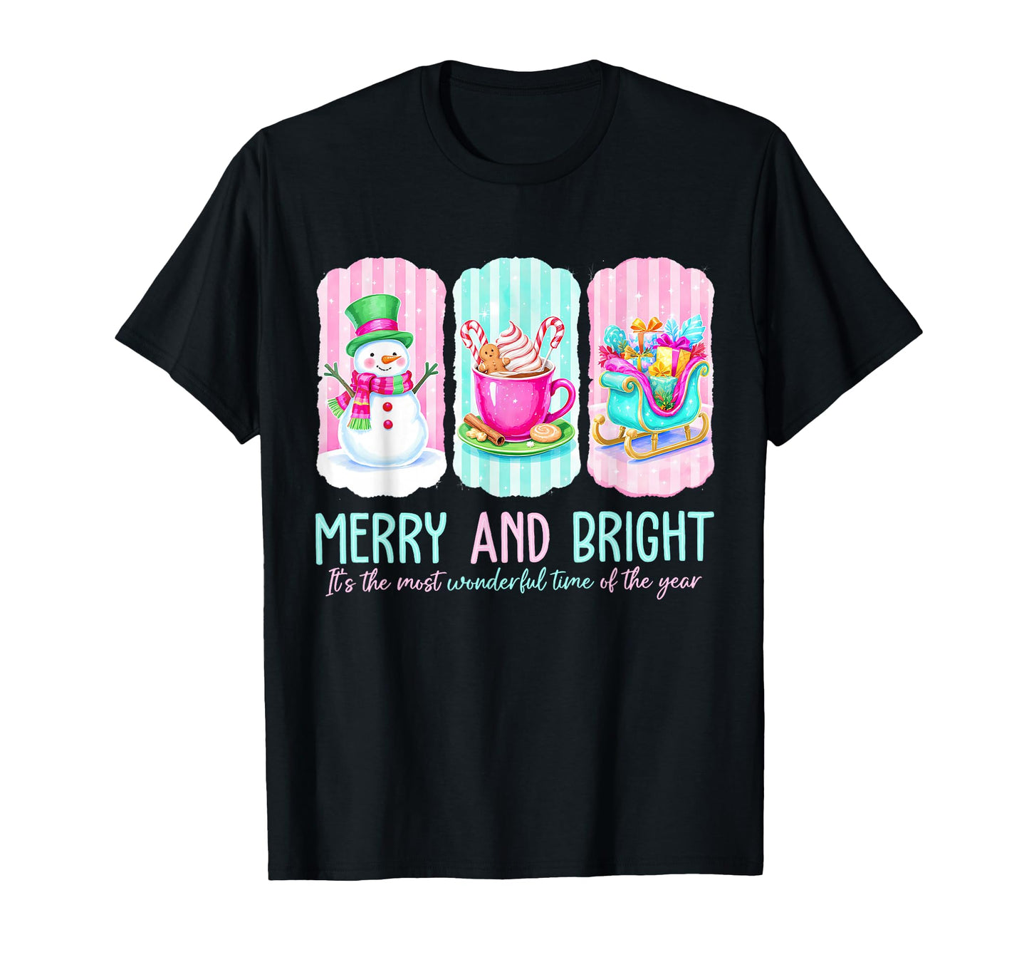 Merry and Bright Gingerbread Santa Snowman Christmas Women T-Shirt