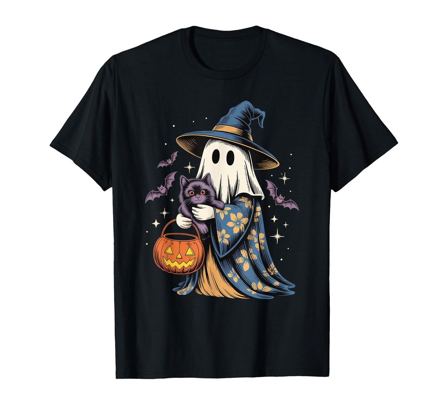 Vintage Halloween Ghost Holding Black Cat Groovy Floral T-Shirt