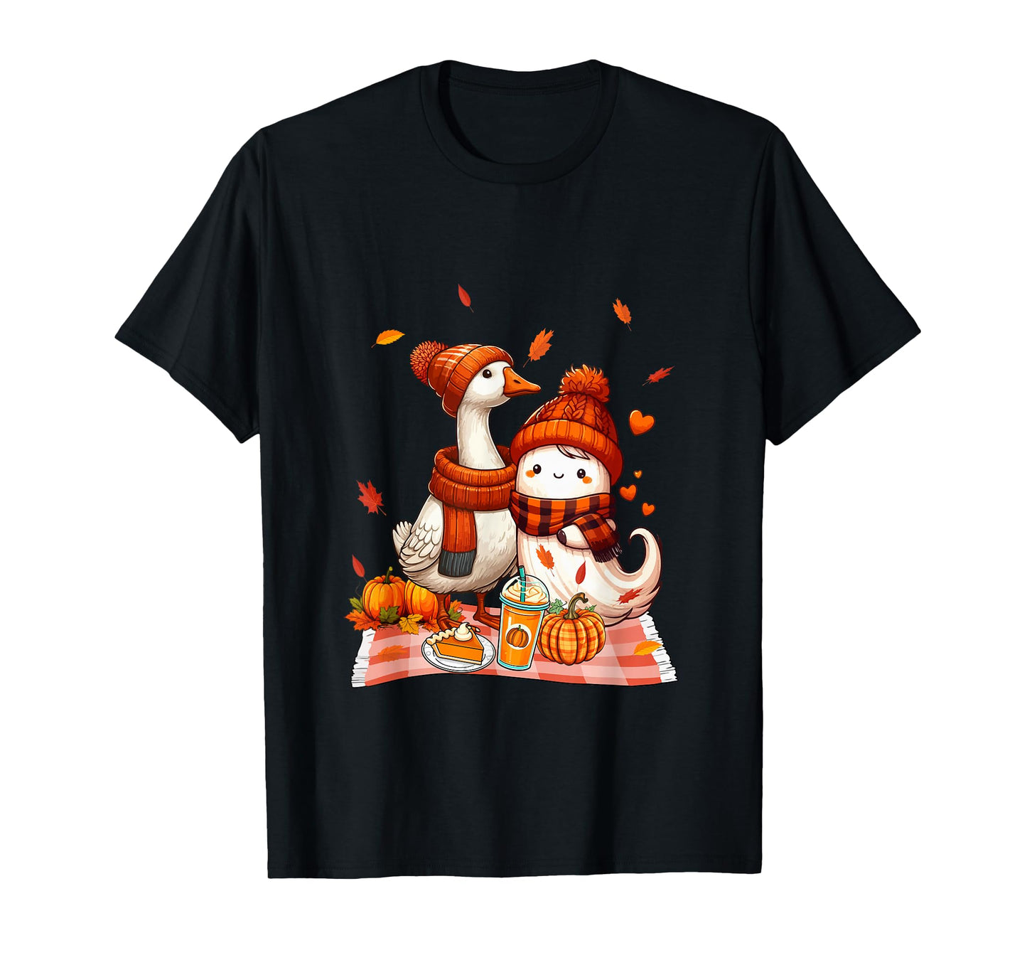 Goose with Boo Halloween Thanksgiving Fall Leaves Pumpkins T-Shirt