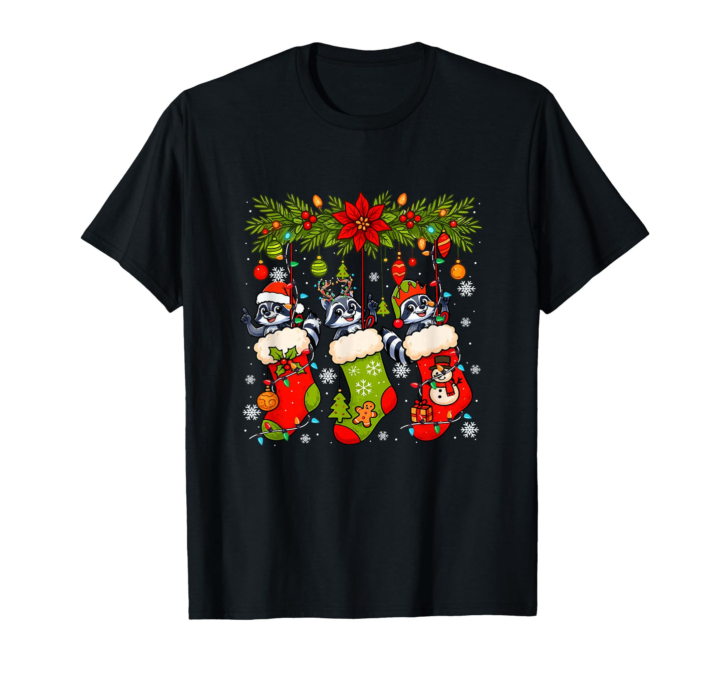 Three Santa Elf Reindeer Raccoons in Xmas Colorful Socks T-Shirt