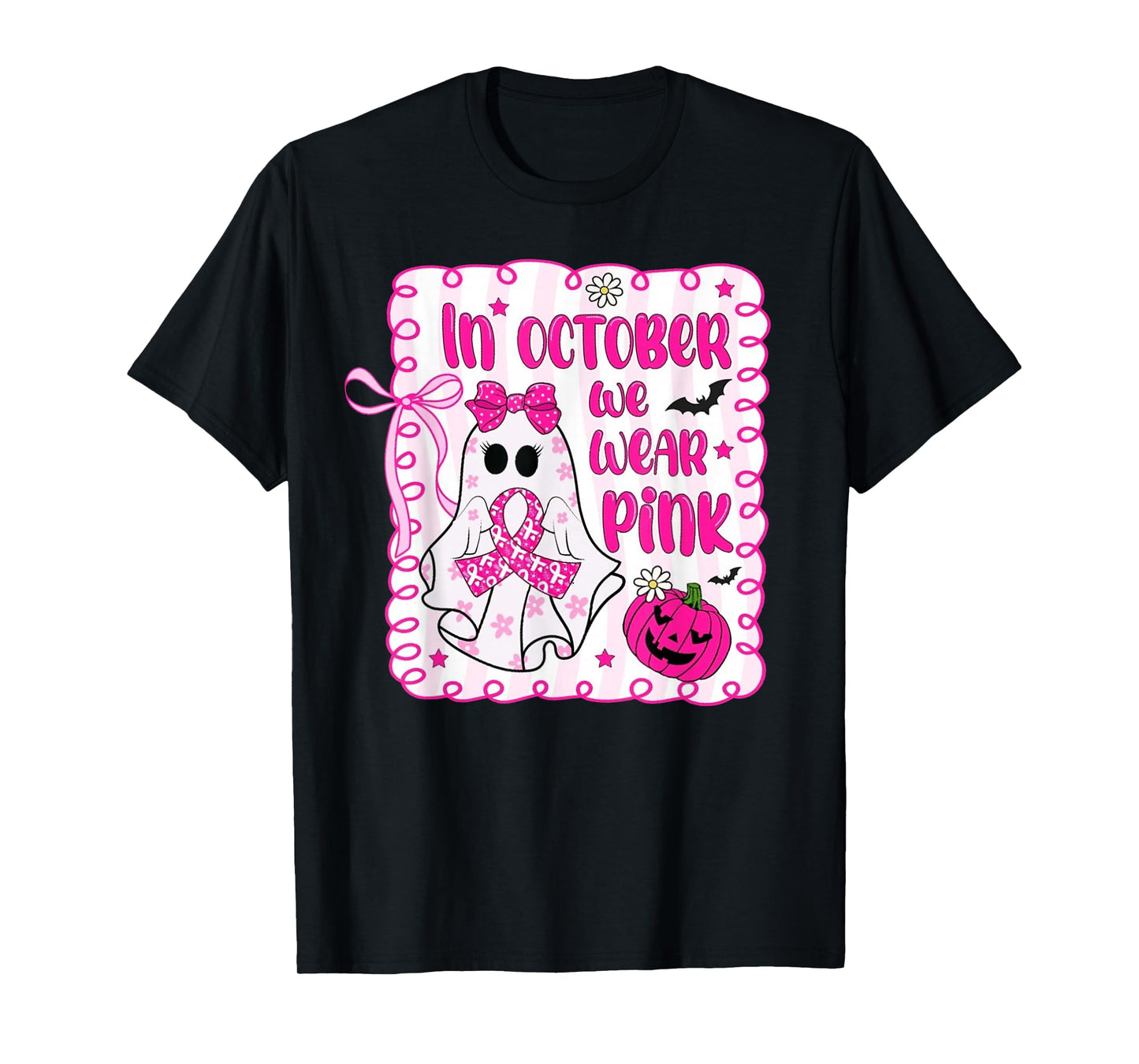 in October We Wear Pink Ghost Witch Breast Cancer Awareness T-Shirt