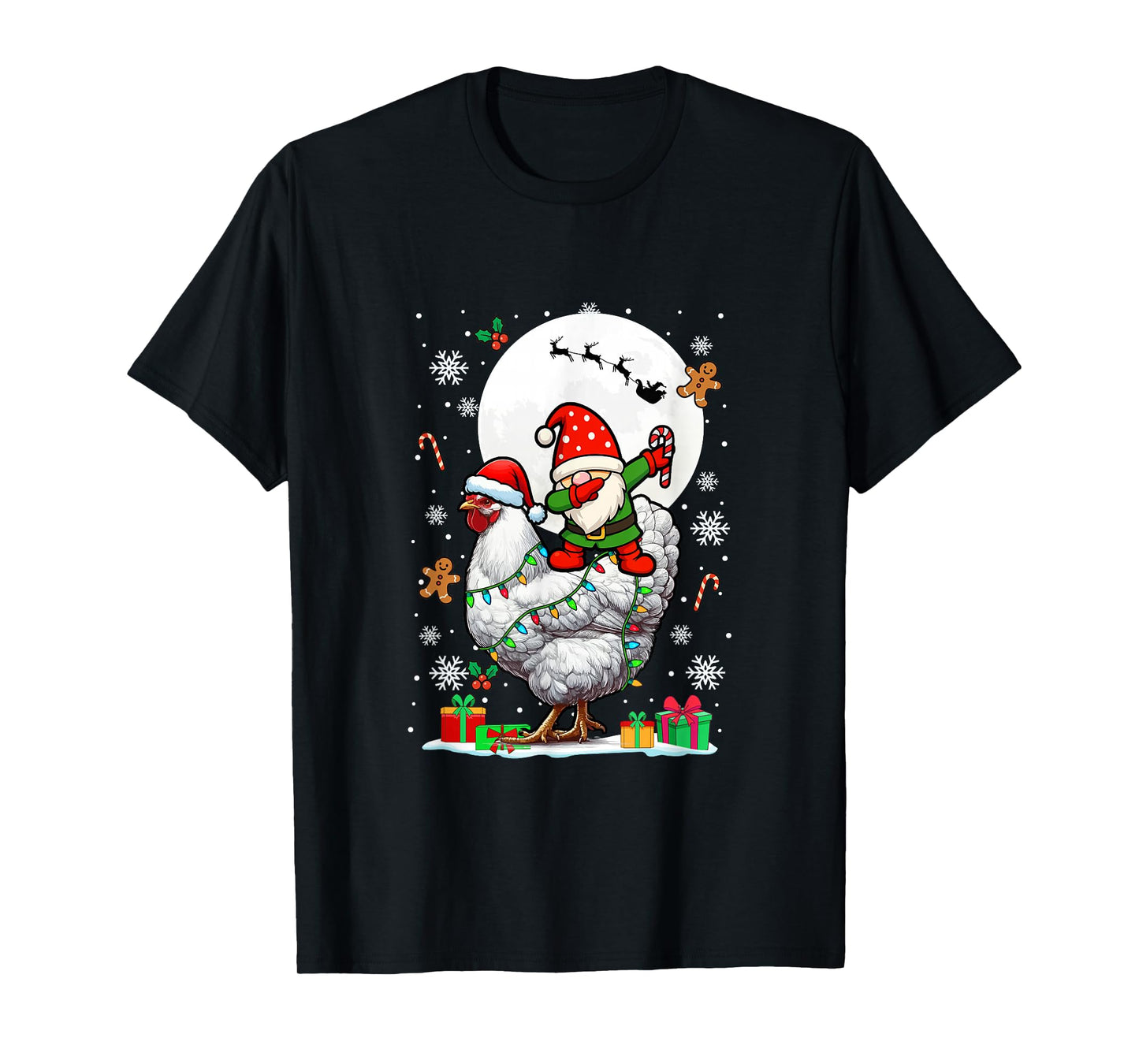 Dabbing Gnome On Chicken Christmas Santa Colorful Lights T-Shirt