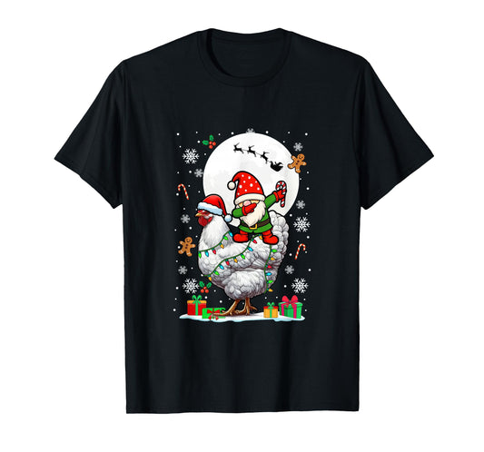 Dabbing Gnome On Chicken Christmas Santa Colorful Lights T-Shirt