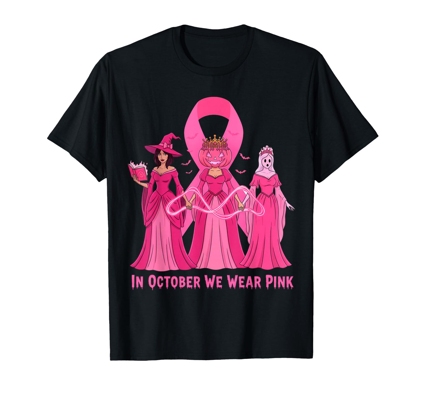 October We Wear Pink Witch Halloween Breast Cancer Awareness T-Shirt