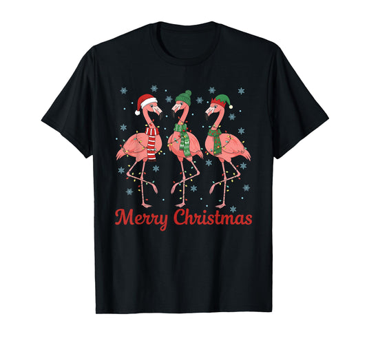 Merry Christmas Pink Flamingo Santa Hat Matching Family Xmas T-Shirt
