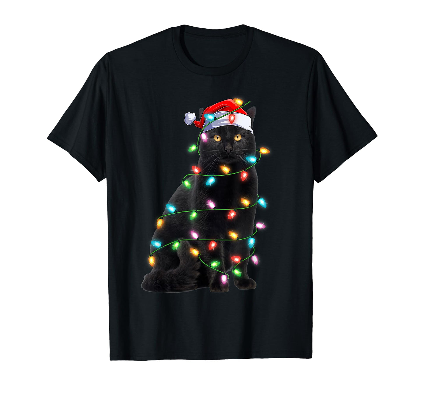 Xmas Lights Santa Hat Black Cat Christmas T-Shirt