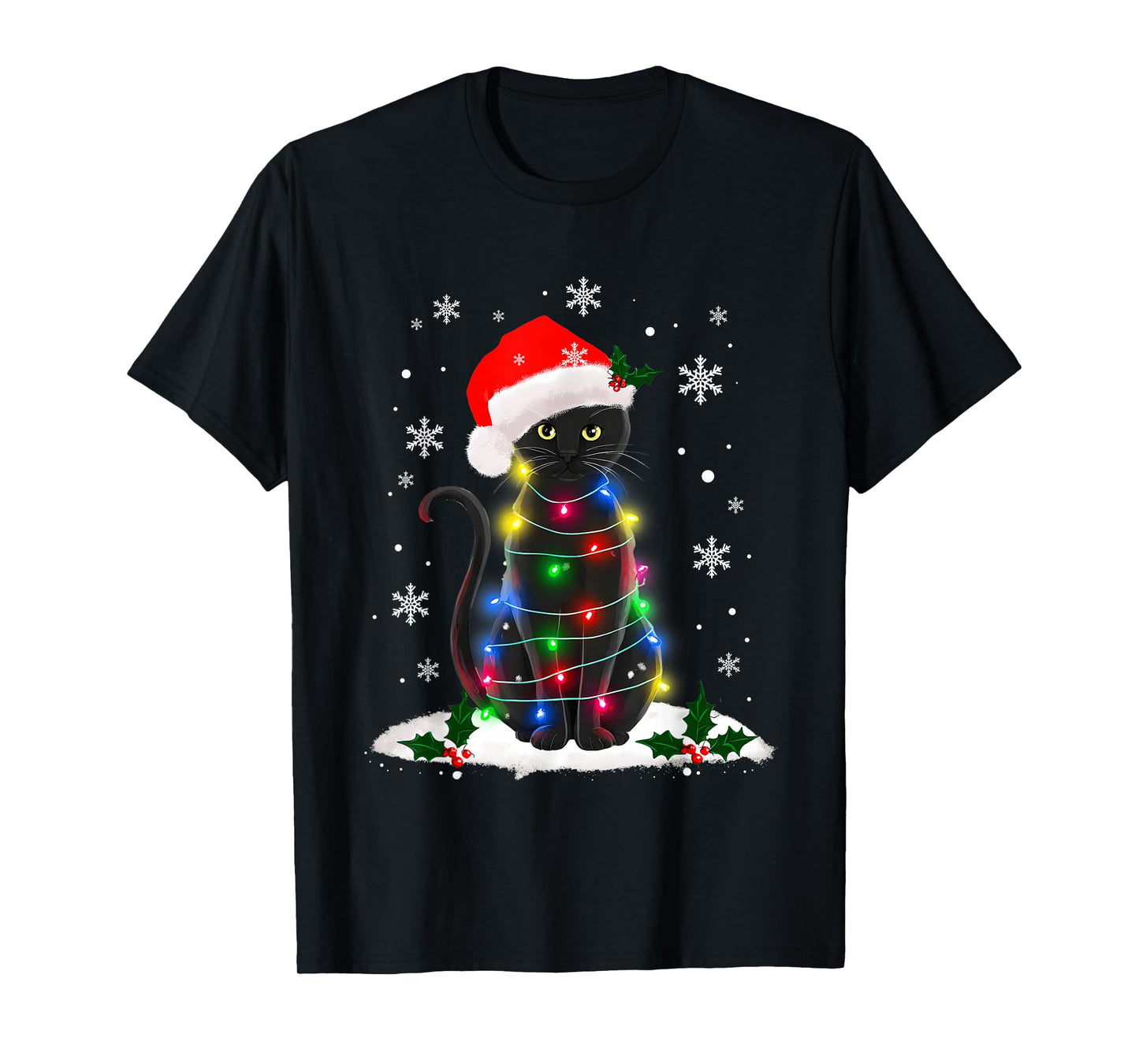 Funny Santa Kitten Black Cat Christmas Tree Lights T-Shirt