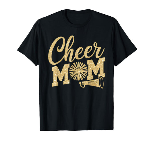 Cheer Mom Biggest Fan Cheerleader Black Yellow Gold Pom Pom T-Shirt