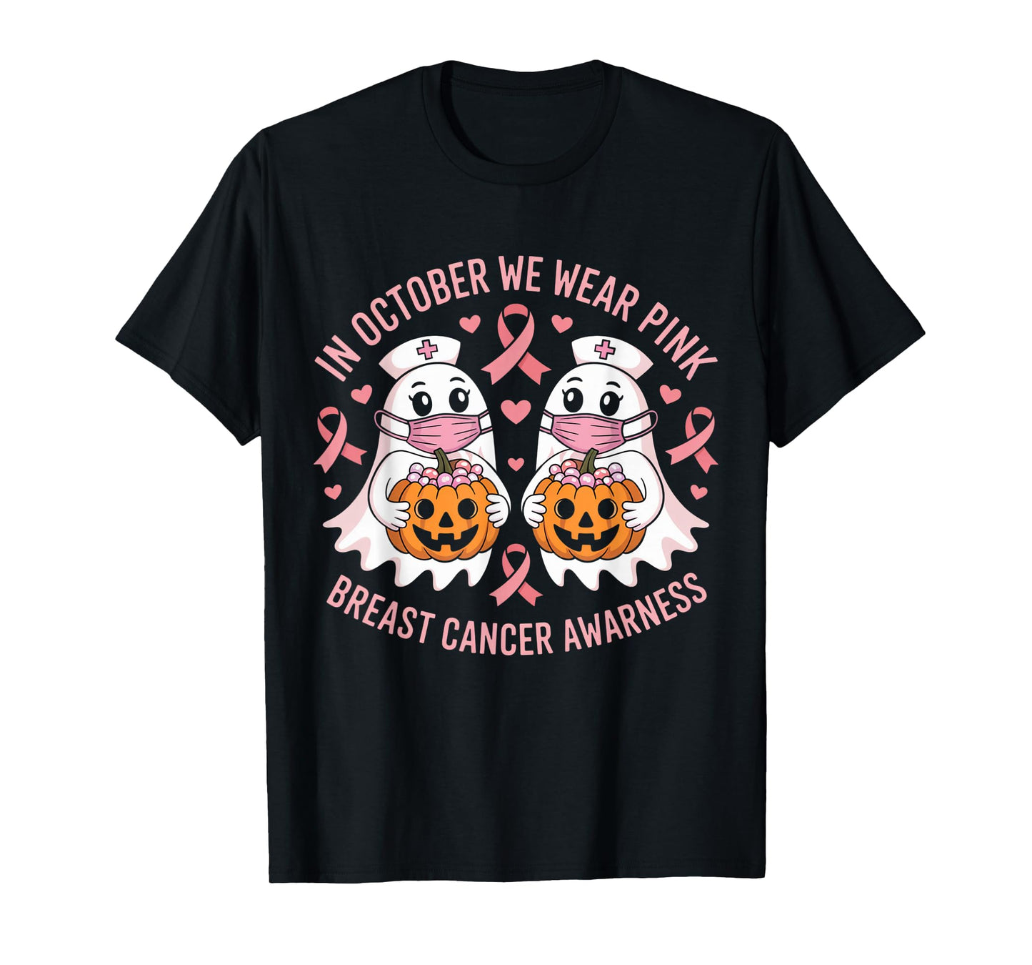 in October We Wear Pink Ghost Witch Breast Cancer Awareness T-Shirt