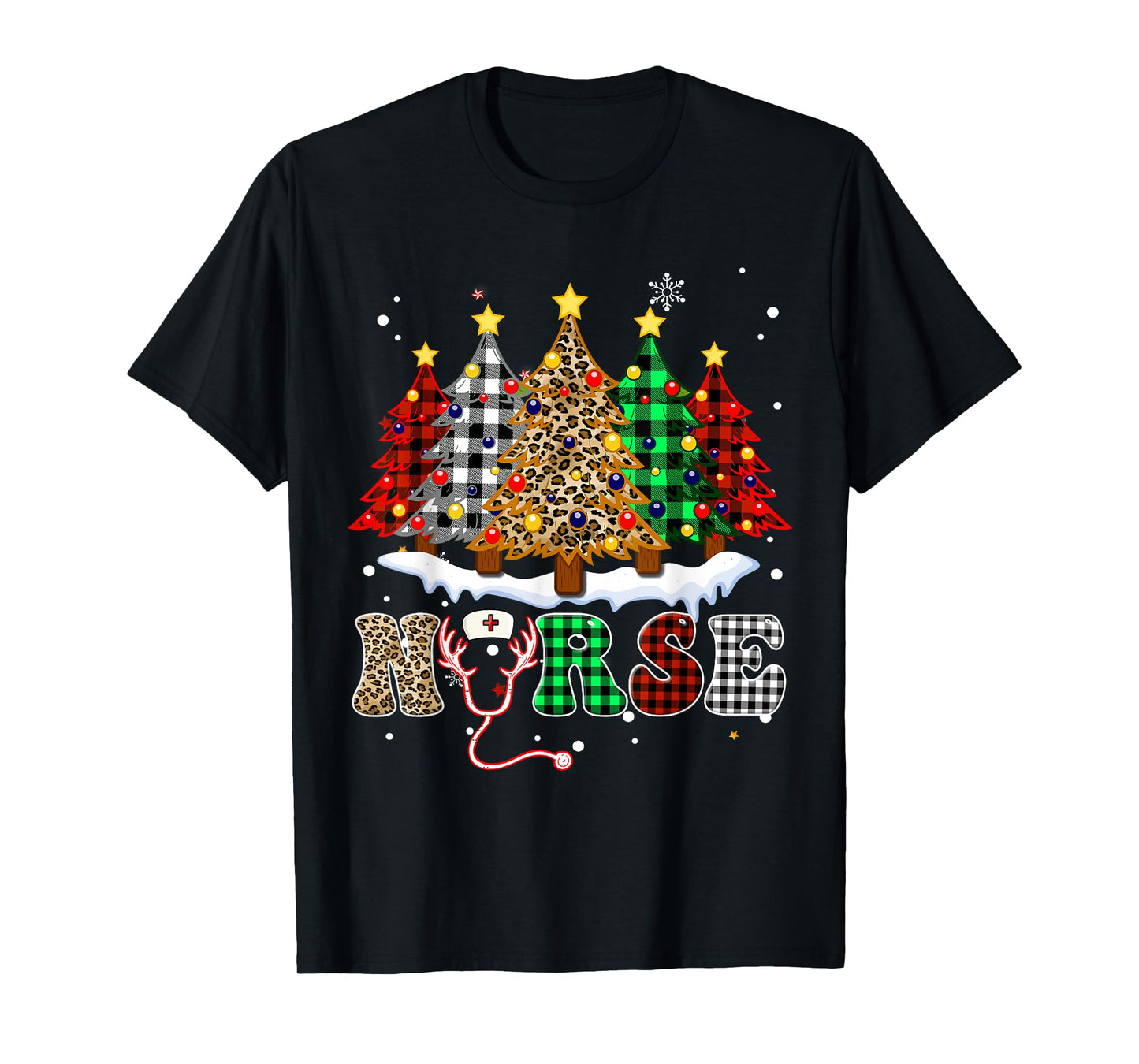 Christmas Tree Nurse Lights Leopard Buffalo Plaid Red Green T-Shirt