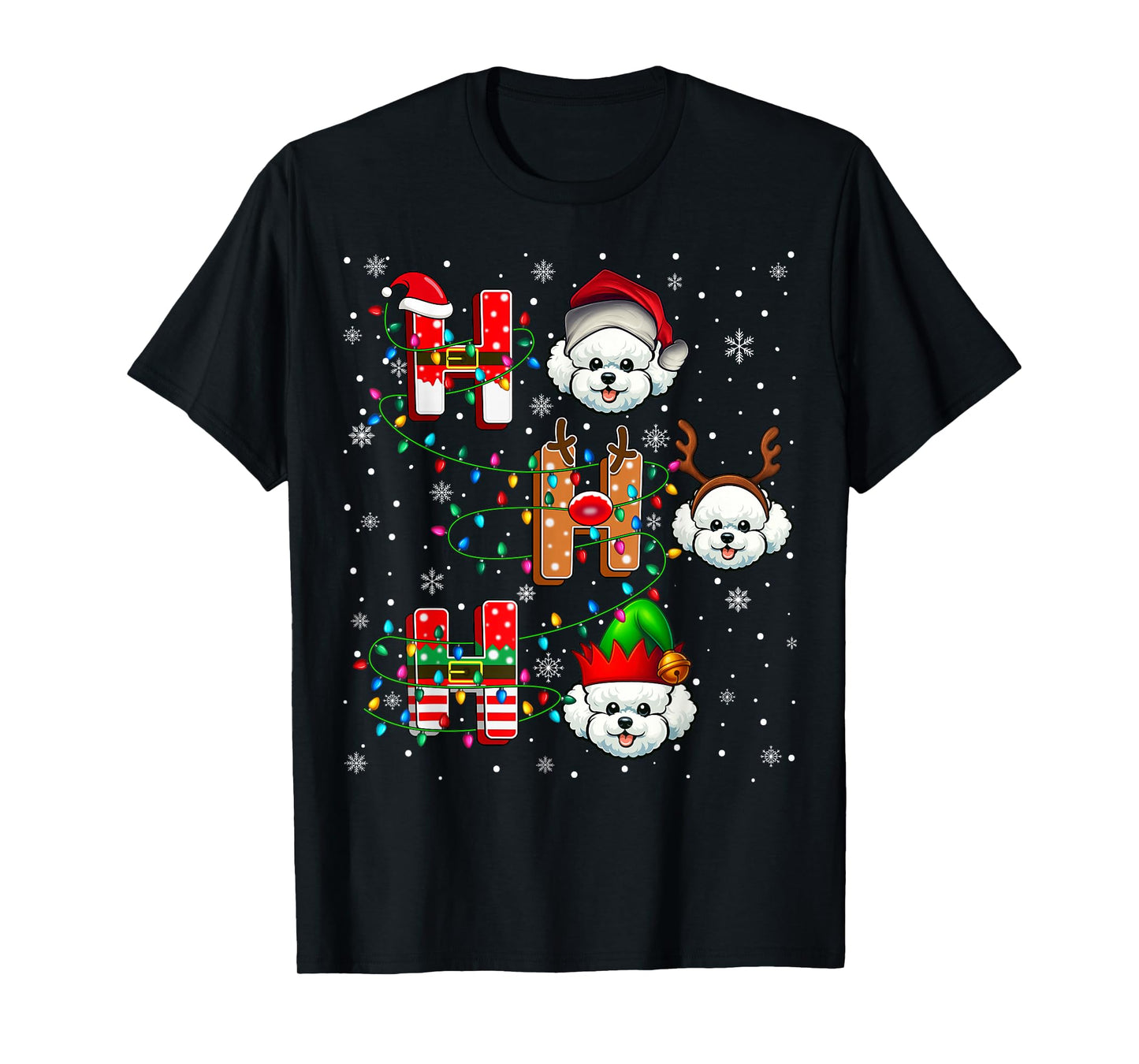 Ho Ho Santa Reindeer Hat Elf Matching Bichon Frise Dog Xmas T-Shirt