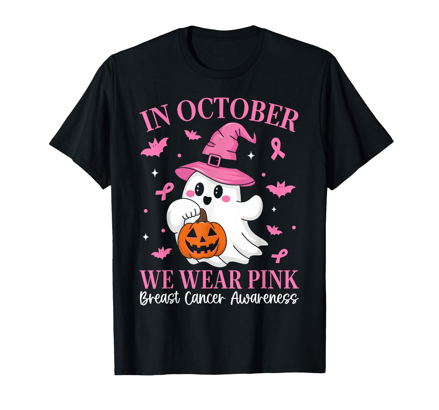 in October We Wear Pink Ghost Witch Breast Cancer Awareness T-Shirt