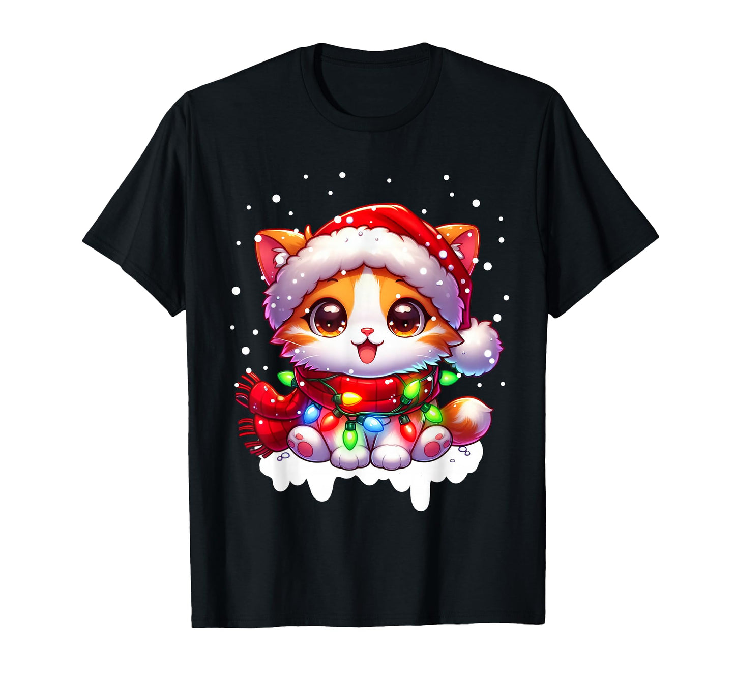 Funny Santa Cat Tangled Up in Christmas Lights Holiday Xmas T-Shirt