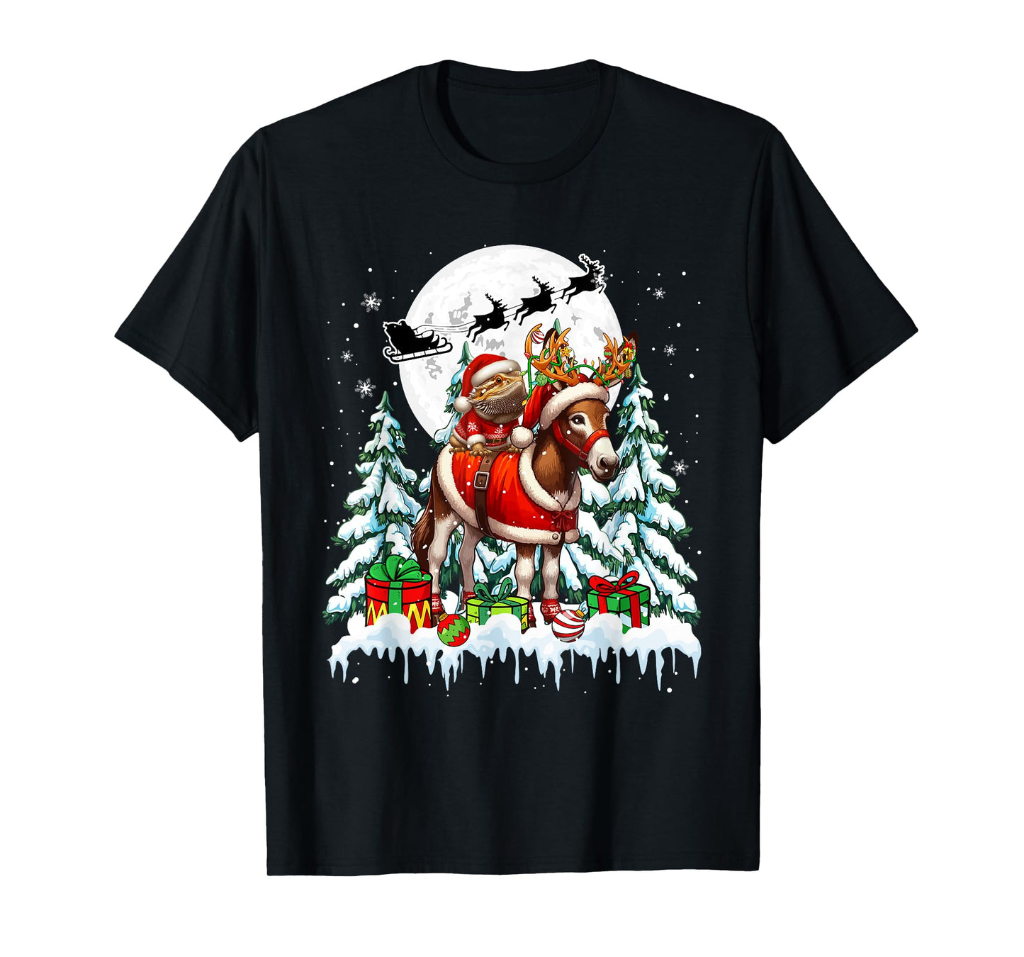 Santa Bearded Dragon Riding Reindeer Donkey Christmas Trees T-Shirt
