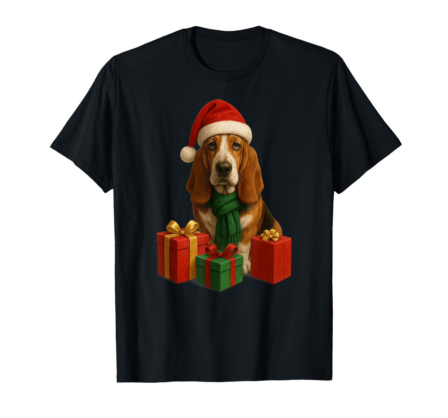 Christmas Basset Hound with Santa Claus hat, Cute T-Shirt
