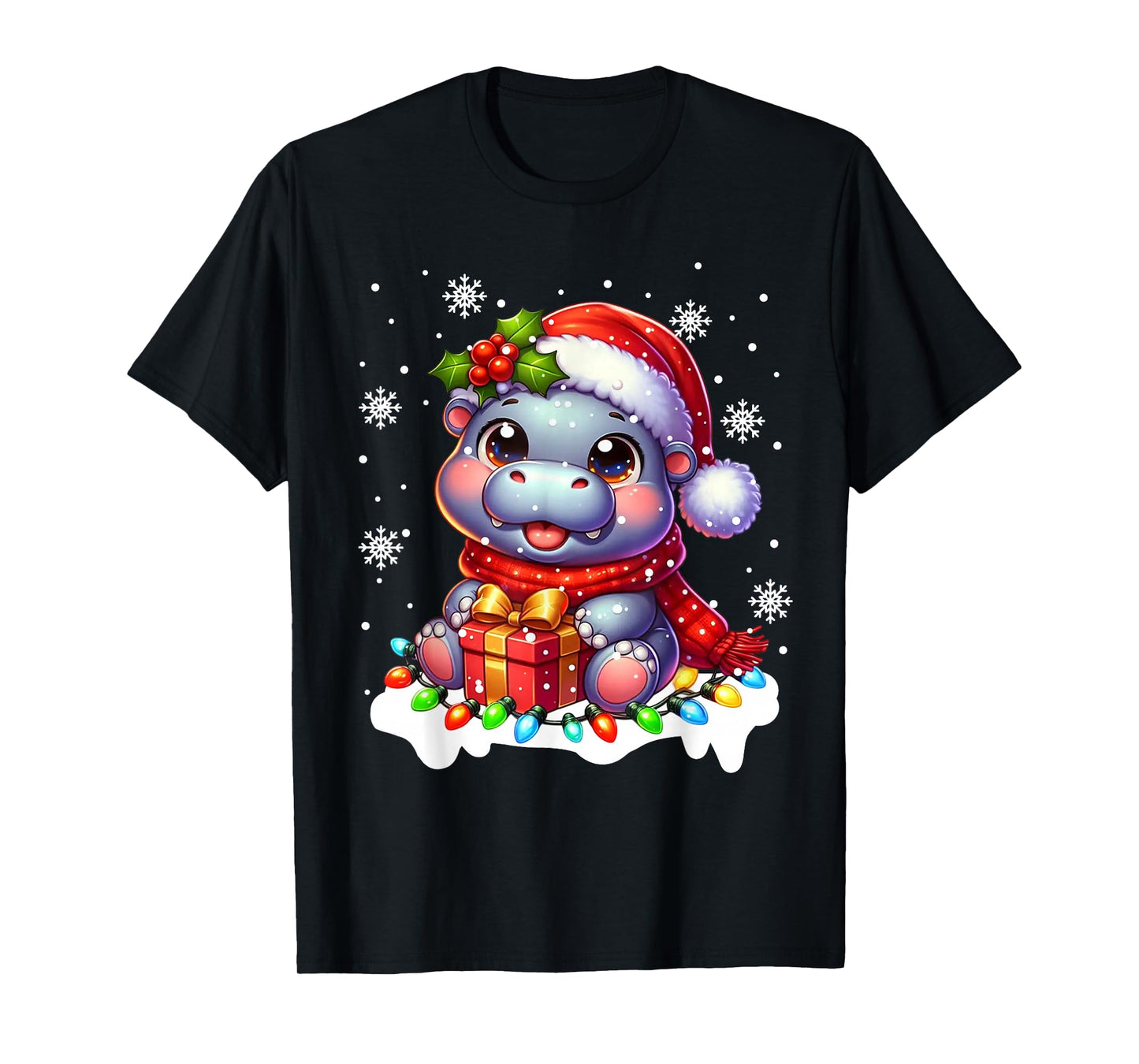 Hippopotamus Lovers Funny Christmas Lights Santa Hat Hippo T-Shirt