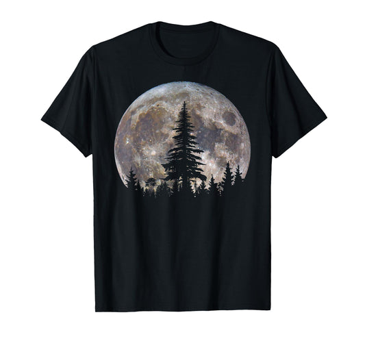 Retro Full Moon Vintage Forest Nature Minimalist Pine Tree T-Shirt