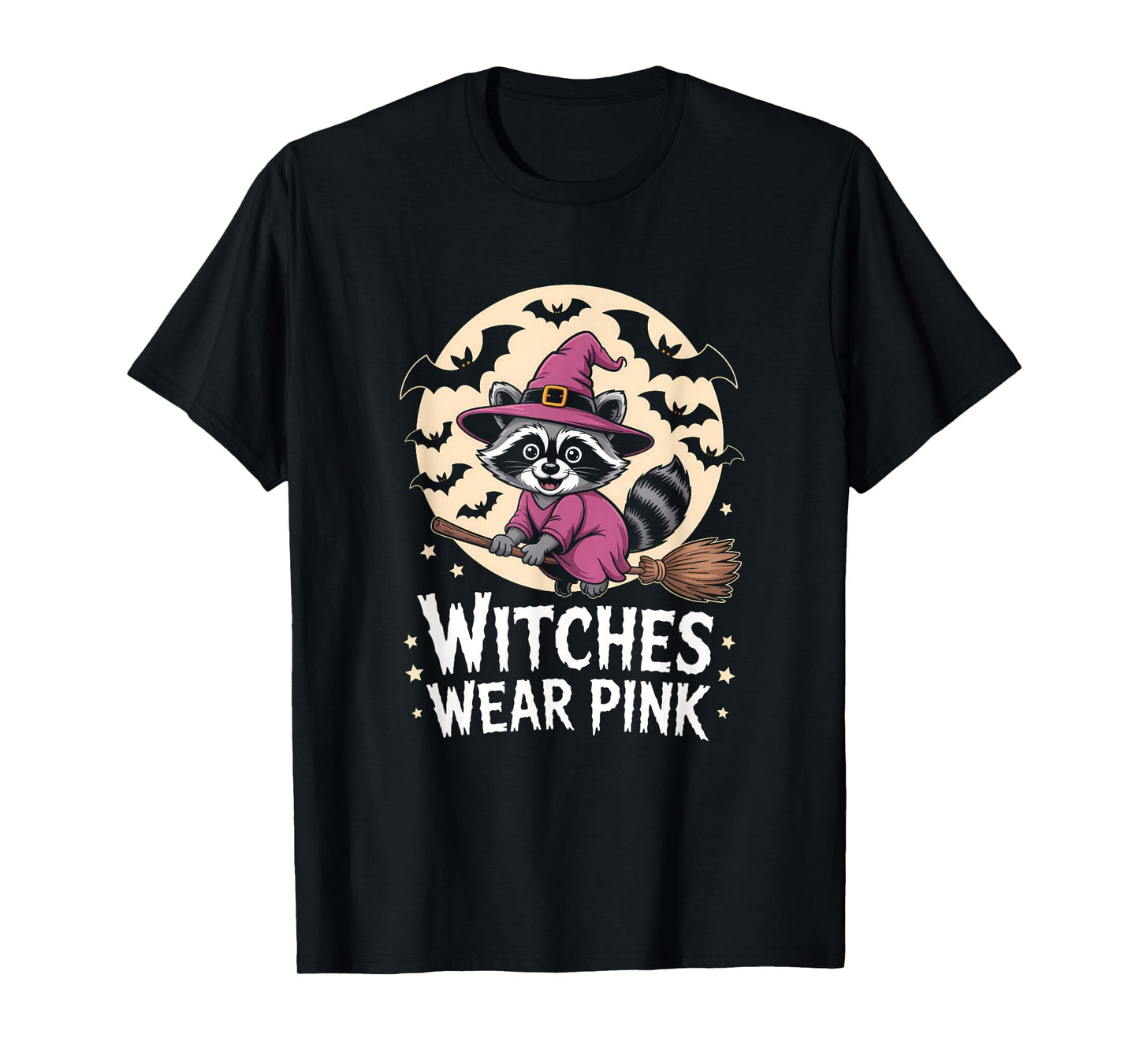 Witches Wear Pink Breast Cancer Witch Raccoon Halloween T-Shirt