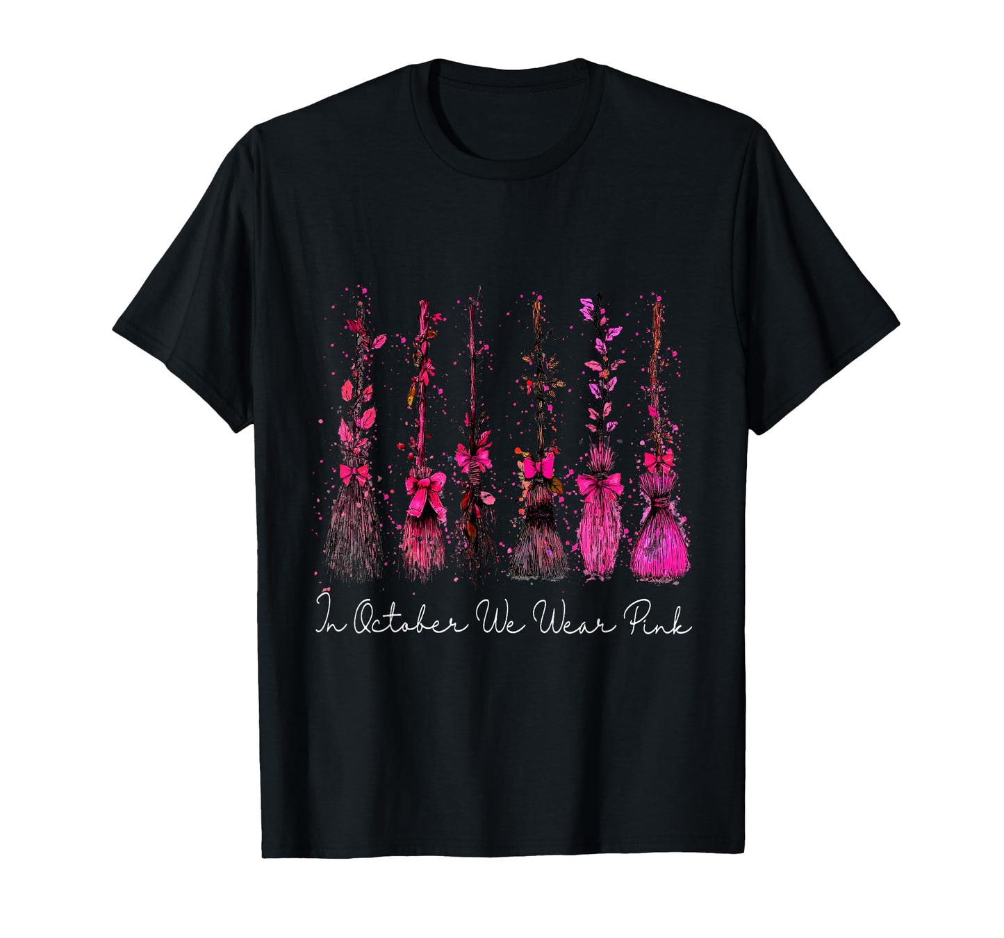 in October We Wear Pink Witch Broom Breast Cancer Awareness T-Shirt