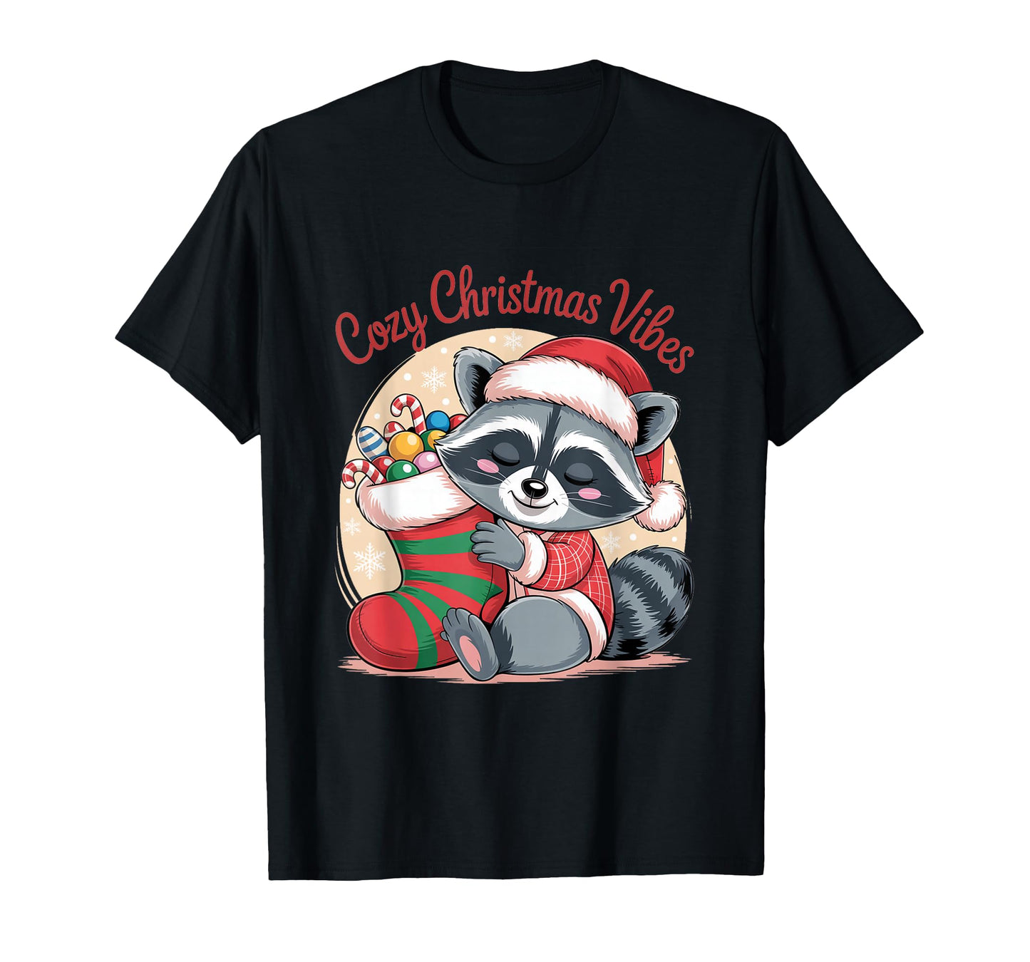Cozy Christmas Vibes Raccoon with Candy Cane Stocking T-Shirt