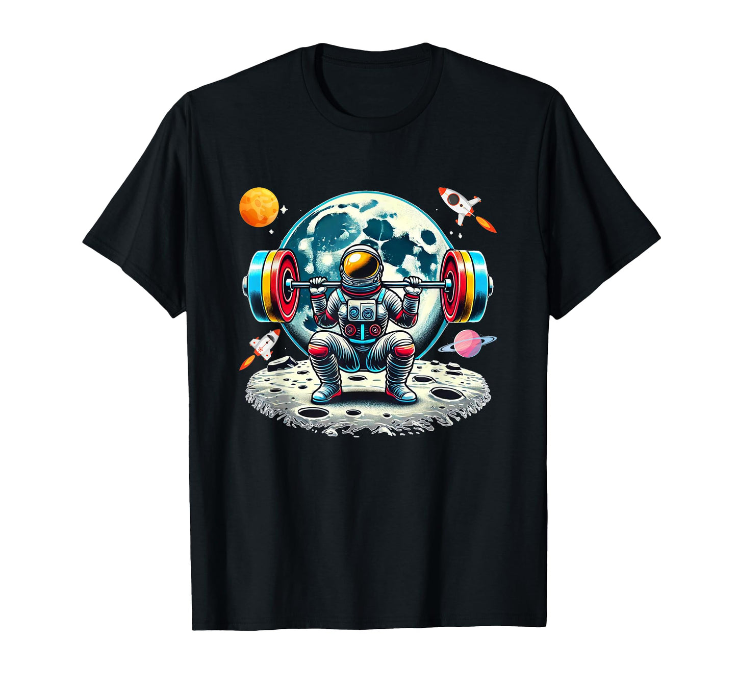 Funny Astronaut Working Out Gym Barbell Squats Outer Space T-Shirt