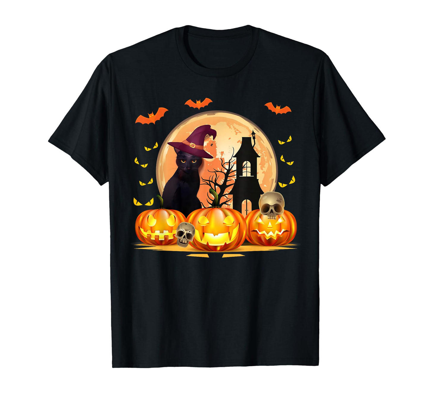 Black Cat with Witch Hat & Pumpkins Halloween Costume Day T-Shirt