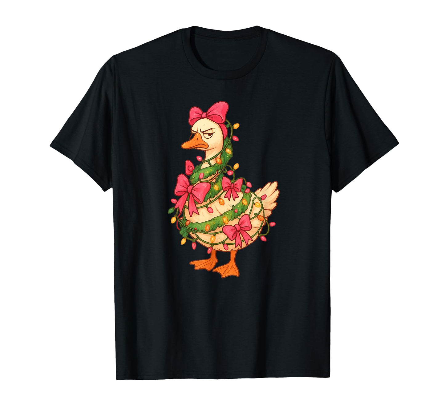 Christmas Porch Goose Xmas Lights Pink Bows Vintage T-Shirt