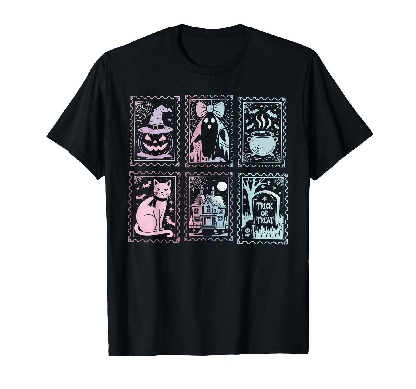 Halloween Stamps Spooky Pumpkin Ghost Cat Witch Skeleton T-Shirt
