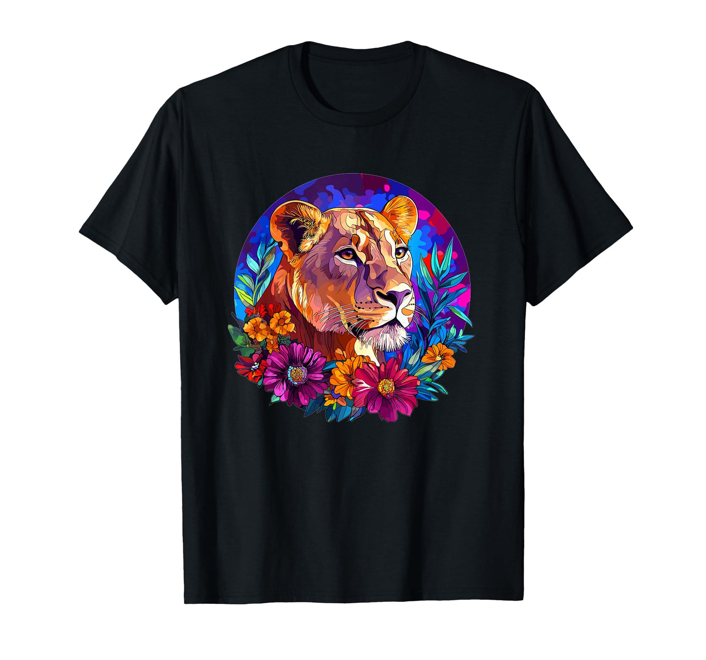 Lioness in Vibrant Floral Jungle T-Shirt