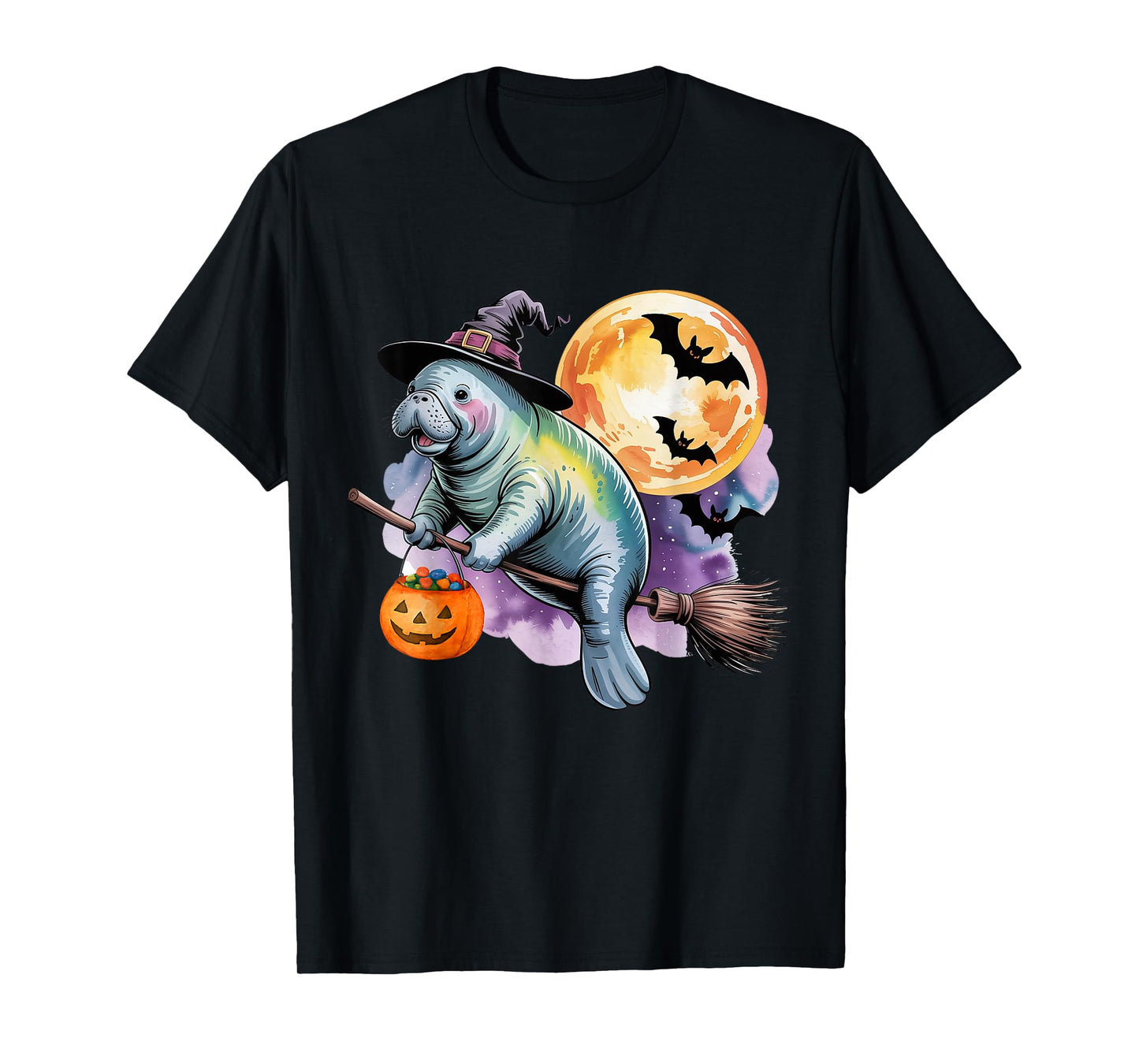 Manatee Witch Hat Pumpkin Moon Halloween Costumes Funny T-Shirt