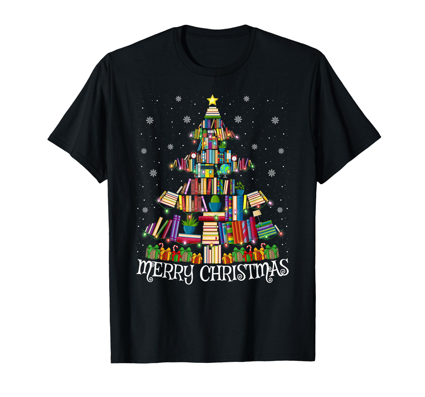 Book Christmas Tree Pajamas Xmas Lights Librarian Teacher T-Shirt