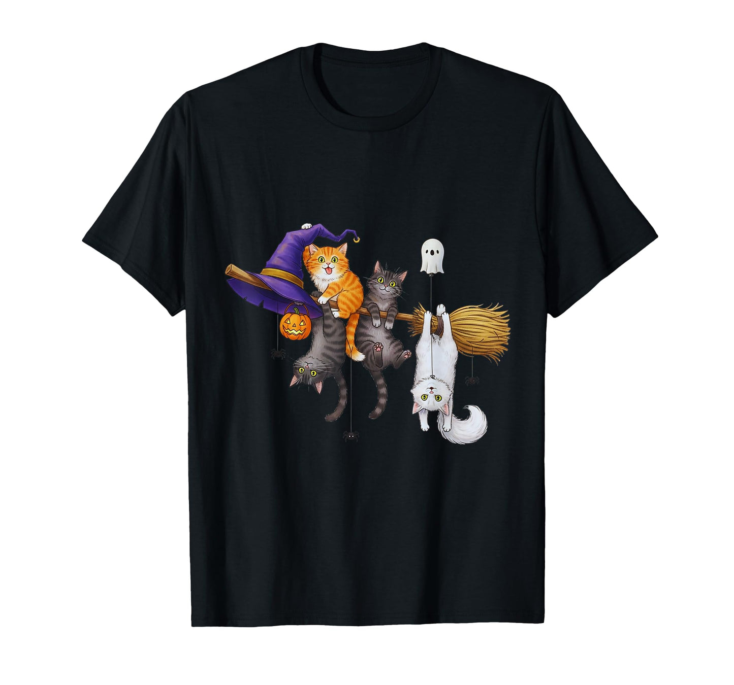 Funny Halloween Cats Hanging on Witch Broom Spooky T-Shirt
