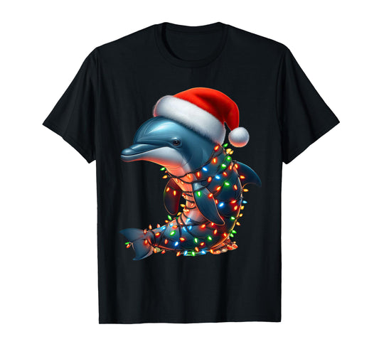 Dolphin Christmas Lights Funny Santa Hat Merry Xmas T-Shirt