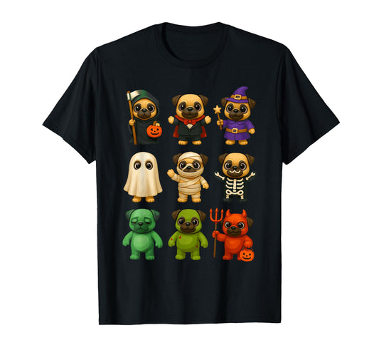 Cute Pug Dogs Witch Pumpkin Skeleton Costume Happy Halloween T-Shirt
