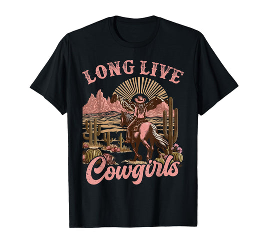 Vintage Western Country Southern Women Girls Gifts Long Live Country Cute Cowgirl Riding Horse Howdy Rodeo T-Shirt
