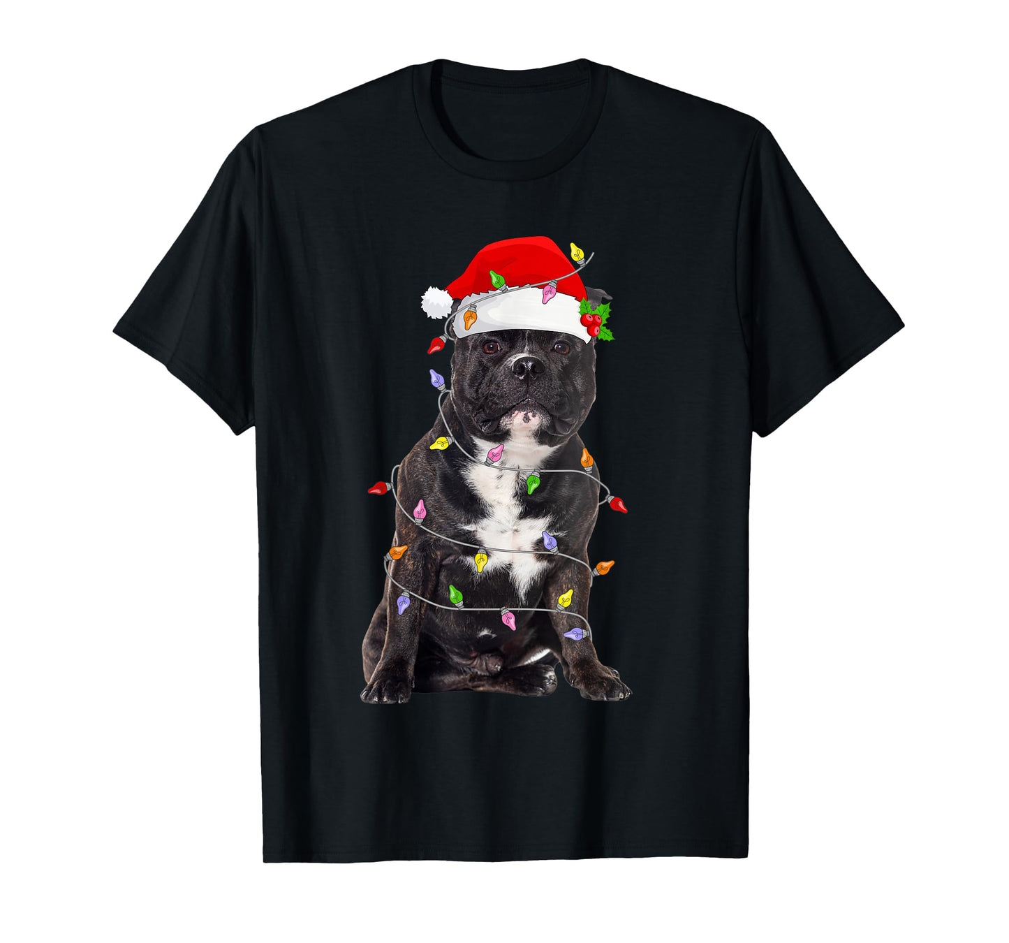 Pitbull Dog Christmas Santa Hat Lights Funny Pet Dog Xmas T-Shirt
