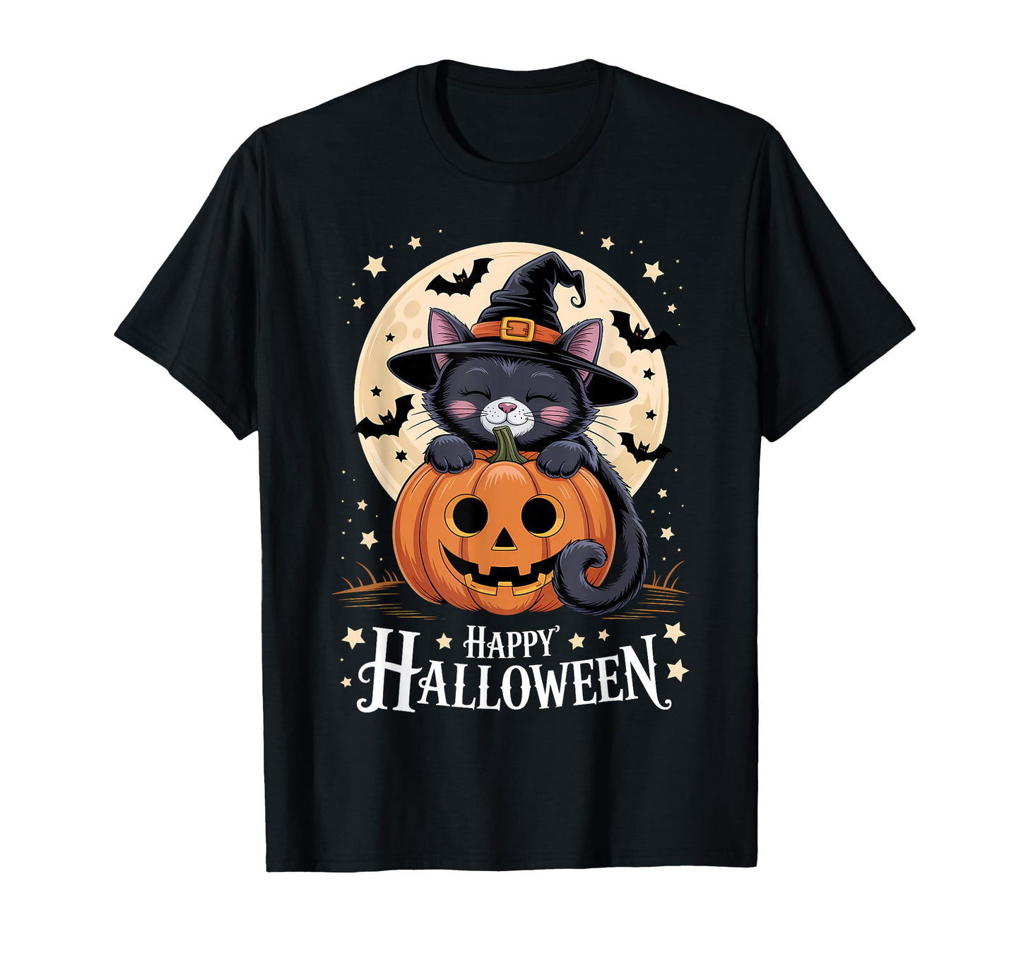 Halloween Black Cat Witch Hat Pumpkin Spooky T-Shirt