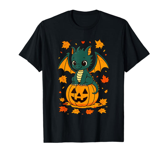 Dragon Pumpkin Halloween Cute Jack O Lantern Autumn Leaves T-Shirt