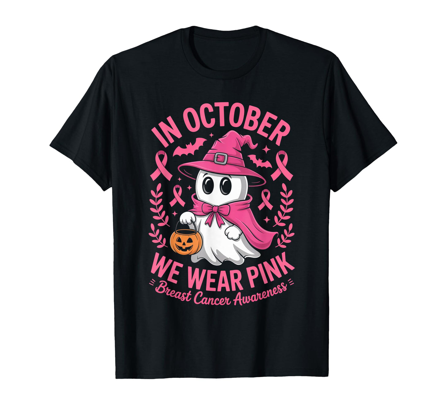 in October We Wear Pink Ghost Witch Breast Cancer Awareness T-Shirt