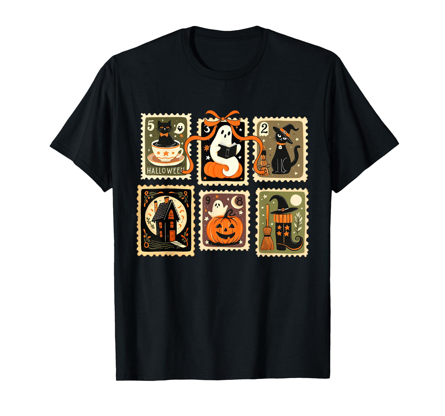 Halloween Stamp Spooky Ghost Cat Pumpkin Bow Vintage T-Shirt