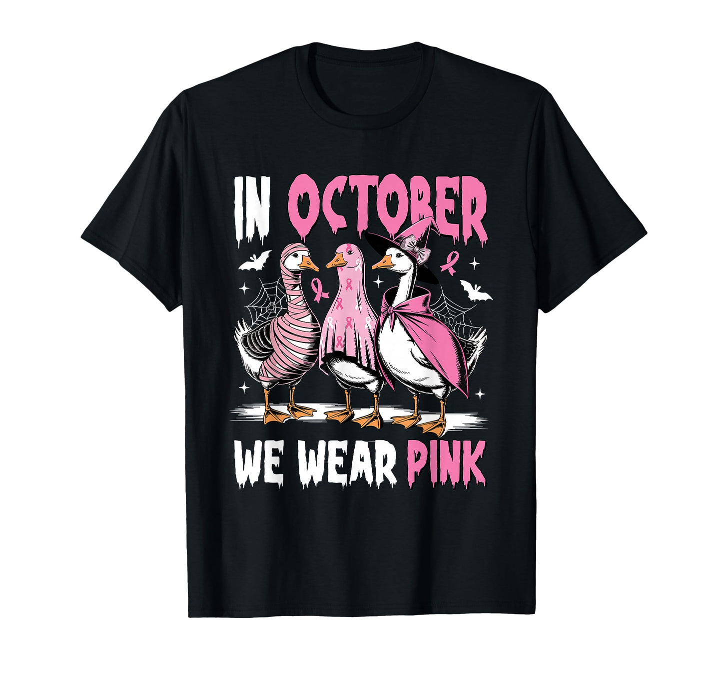 in October We Wear Pink Breast Cancer Halloween Silly Goose T-Shirt