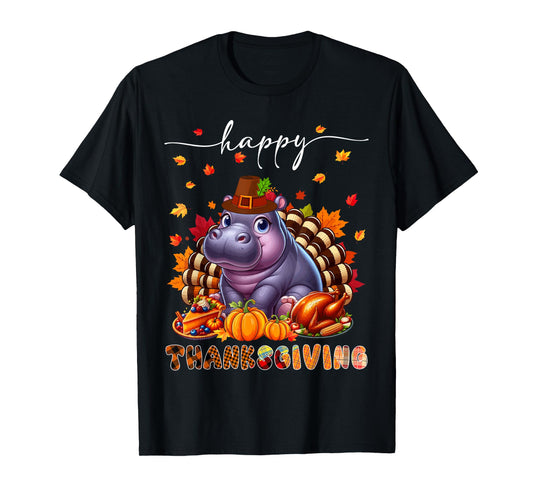 Happy Thanksgiving Hippo Costume Turkey Fall Leaves Food T-Shirt