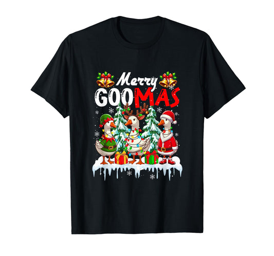 Merry Christmas Snow Three Santa Reindeer Elf Gooses Farmer T-Shirt