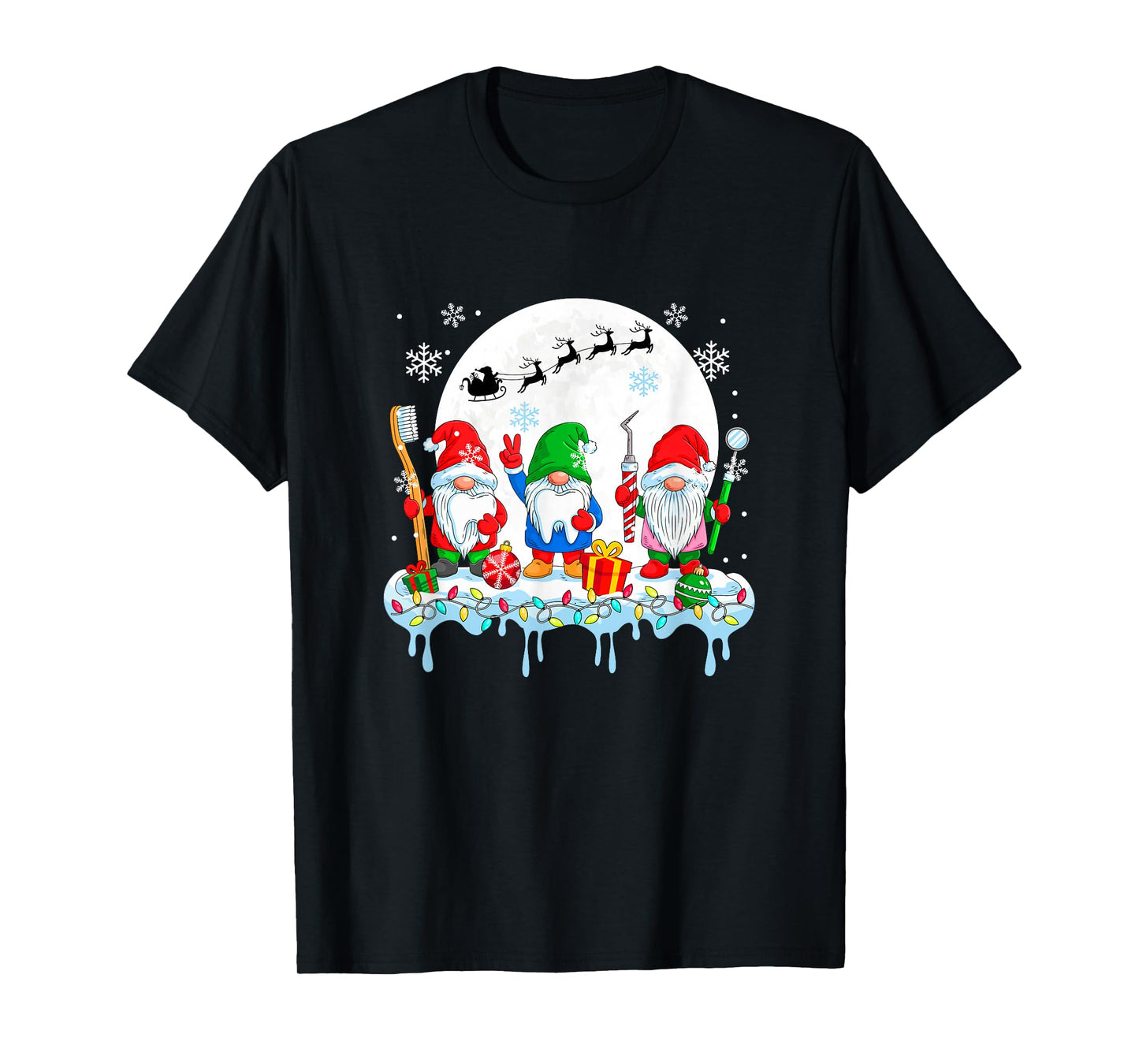 Three Colorful Gnomes with Dentist Tools Christmas Job Team T-Shirt