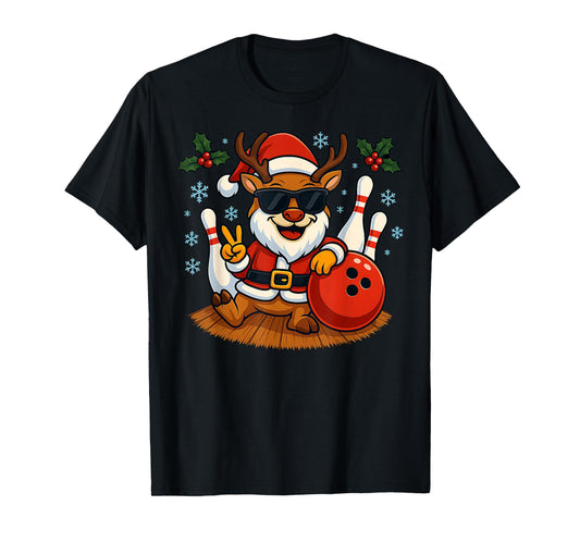 Cute Santa Reindeer Bowling Christmas Funny Holiday Vibes T-Shirt