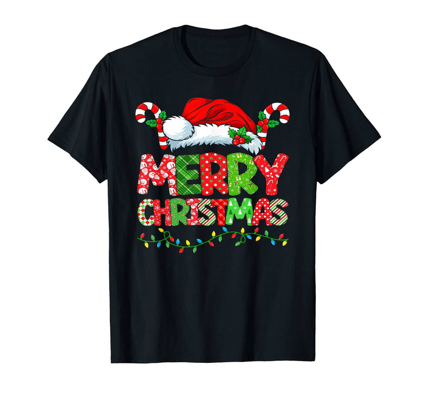 Merry Christmas Santa Hat Candy Cane Festive Holiday Lights T-Shirt